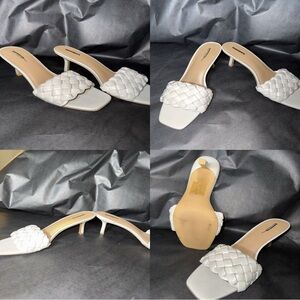 Express White Woven Square Toe Mule Heels Size 10 Braided Strap Kitten Heel